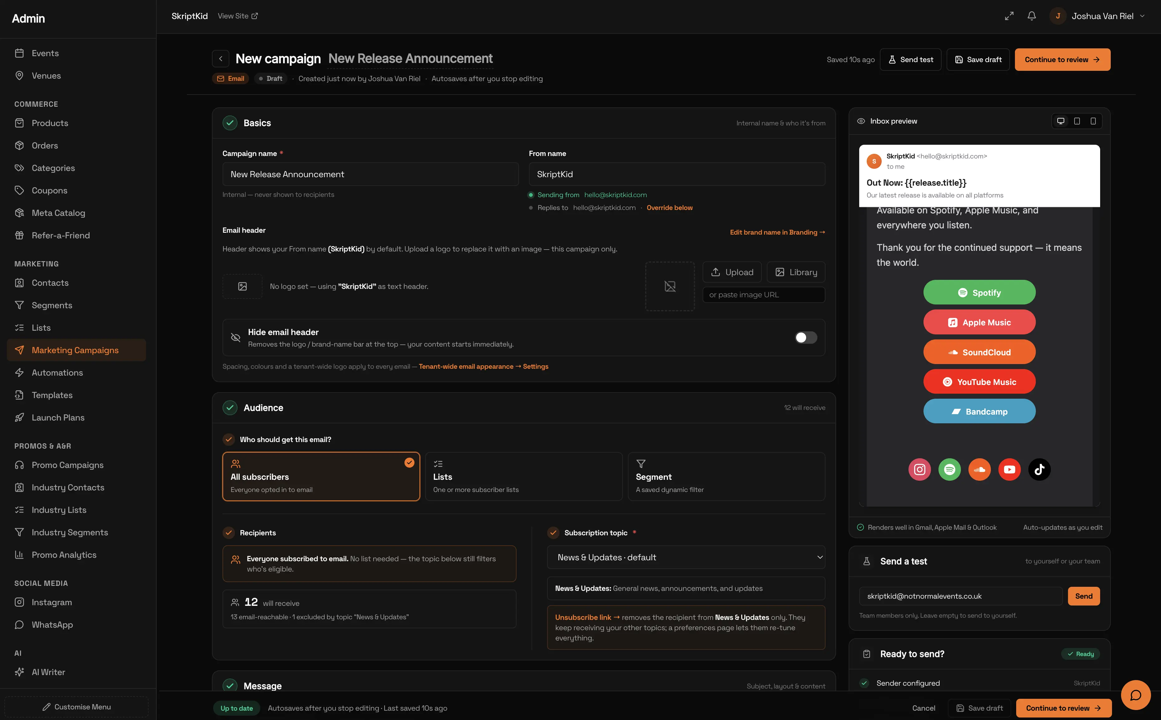 The SoundOps admin - websites, shop, events, smart links, CRM, campaigns and more