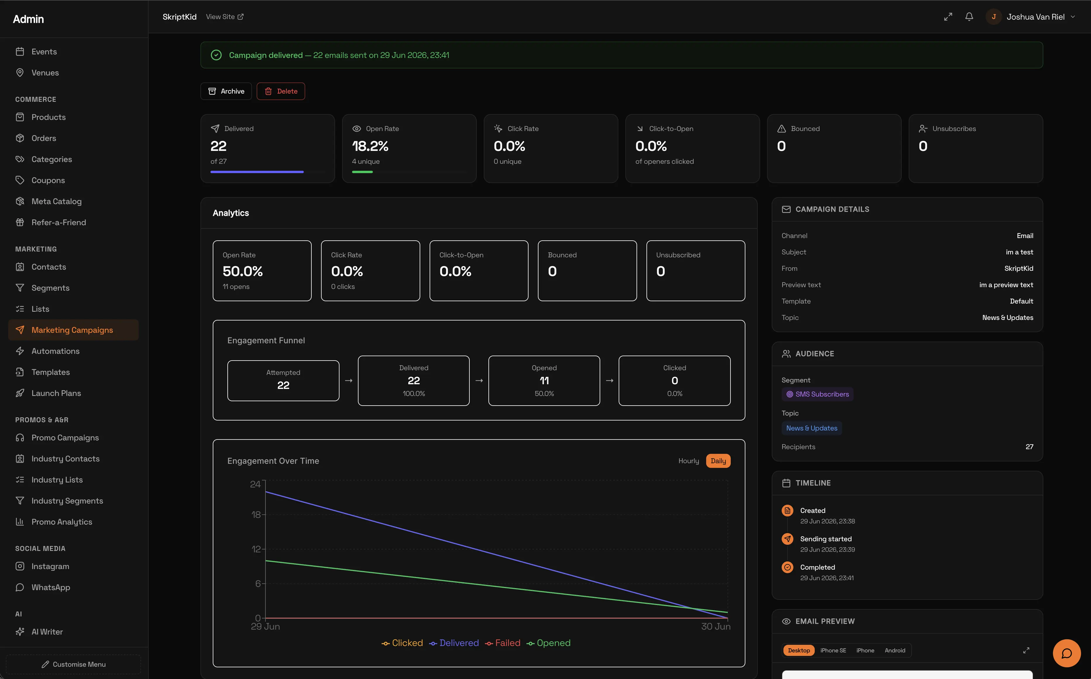 The SoundOps admin - websites, shop, events, smart links, CRM, campaigns and more